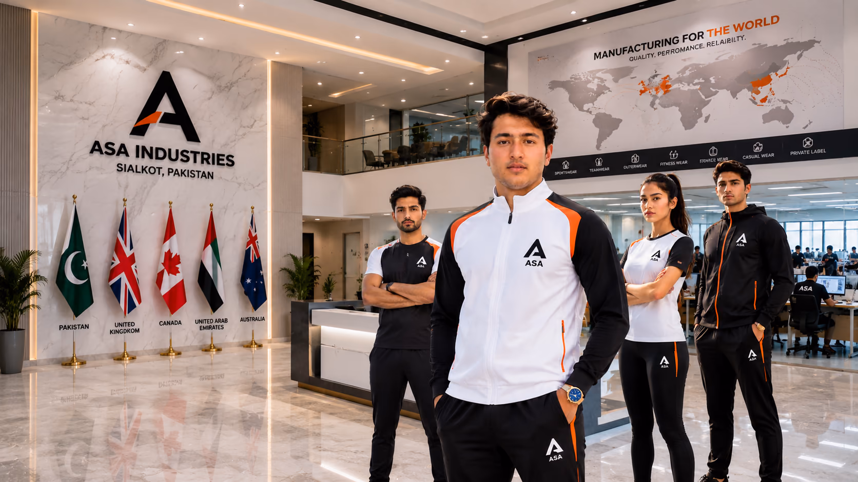 ASA Industries models wearing black, white and orange performance sportswear, custom manufactured for international teams and brands